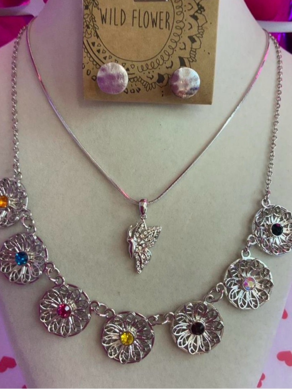 Wildflowers Silver Necklace Set with Multi-Colored Crystal Disks (Z-12)
